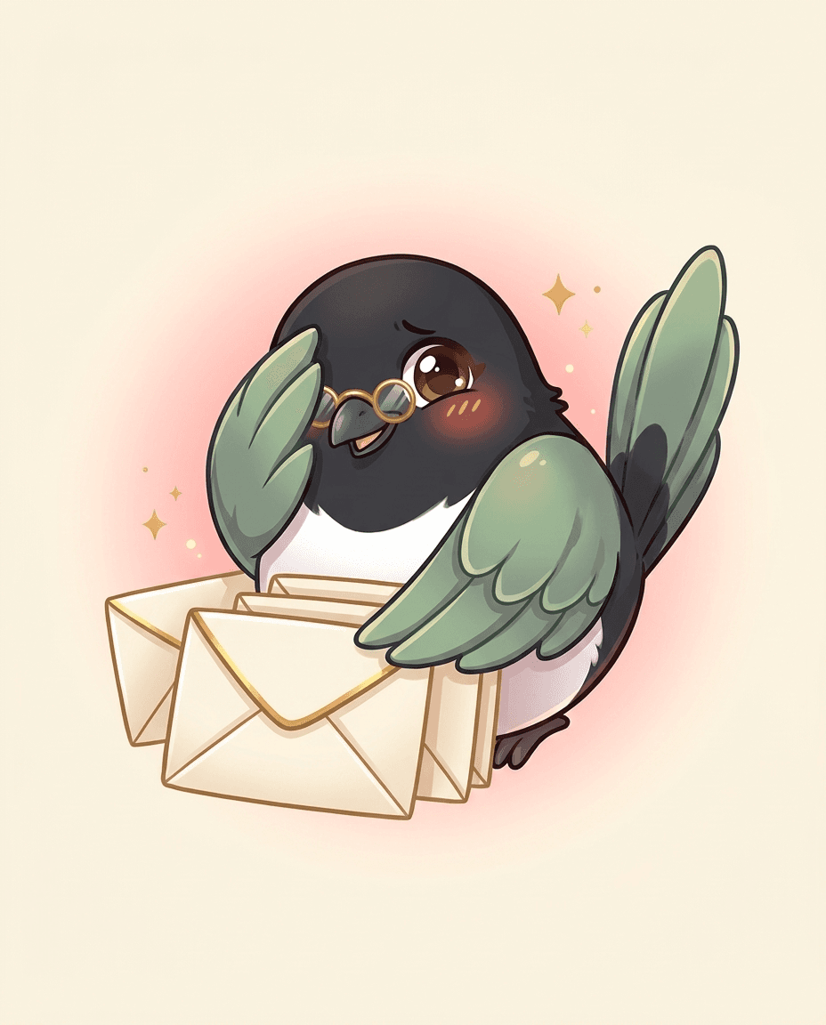 Bijou hiding behind envelopes