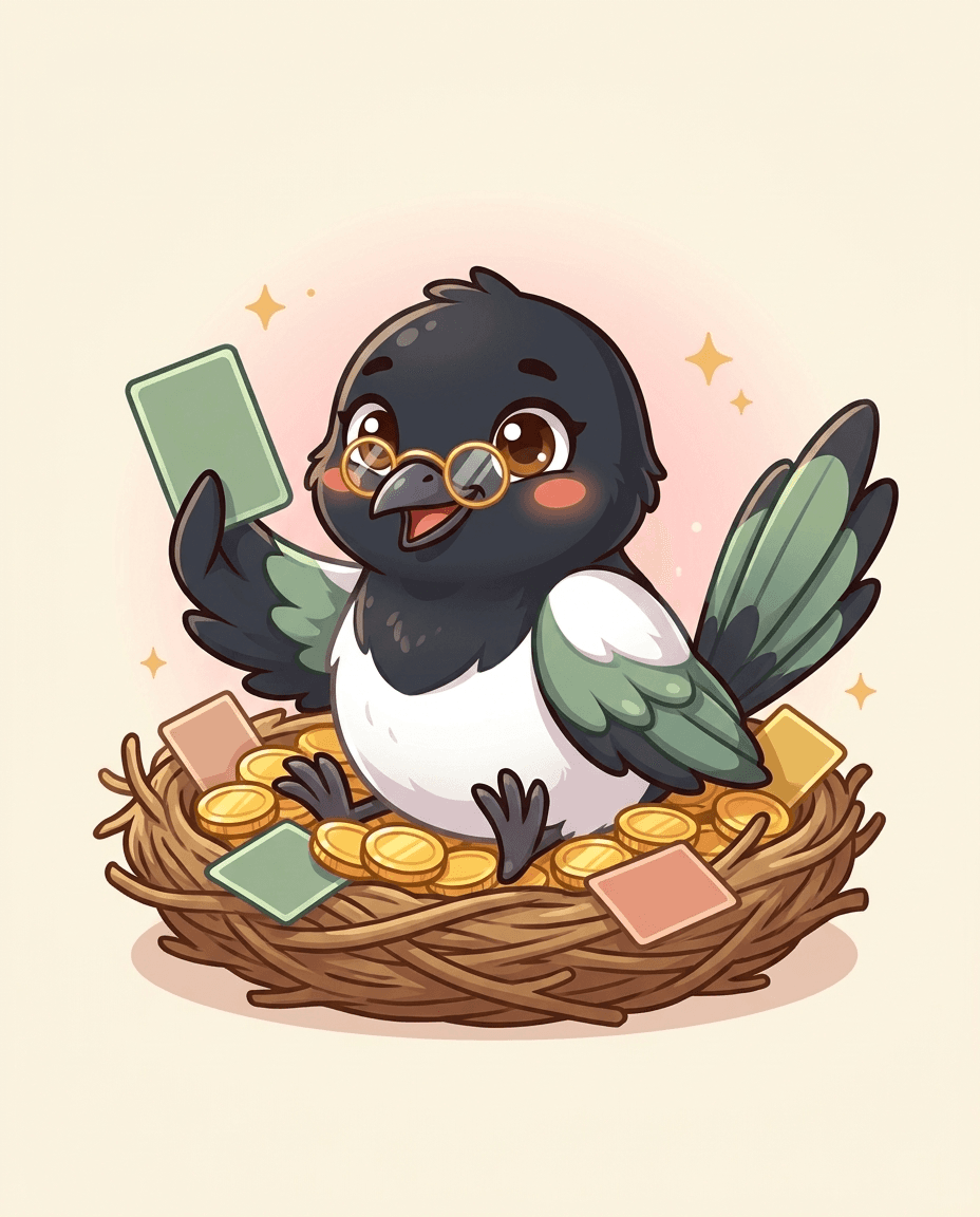 Bijou in a nest of cards and coins