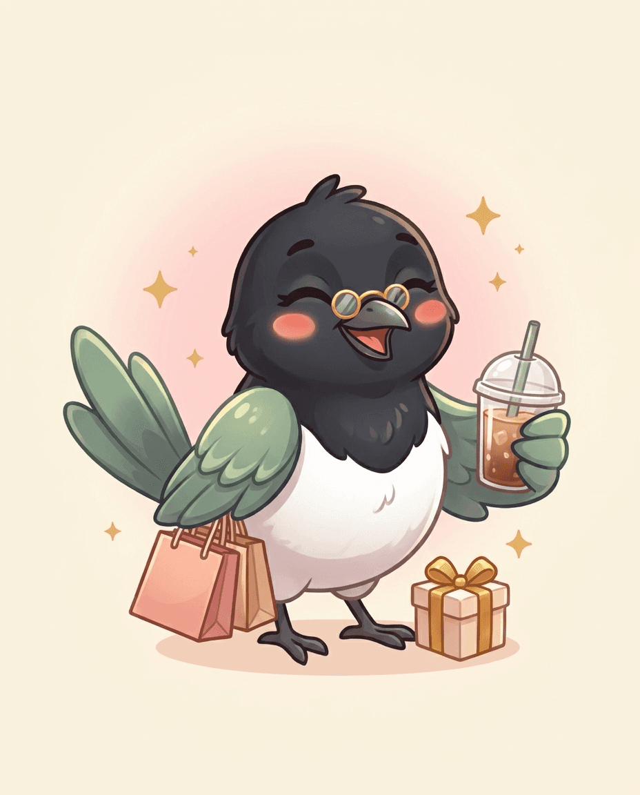Bijou with a drink and shopping bags